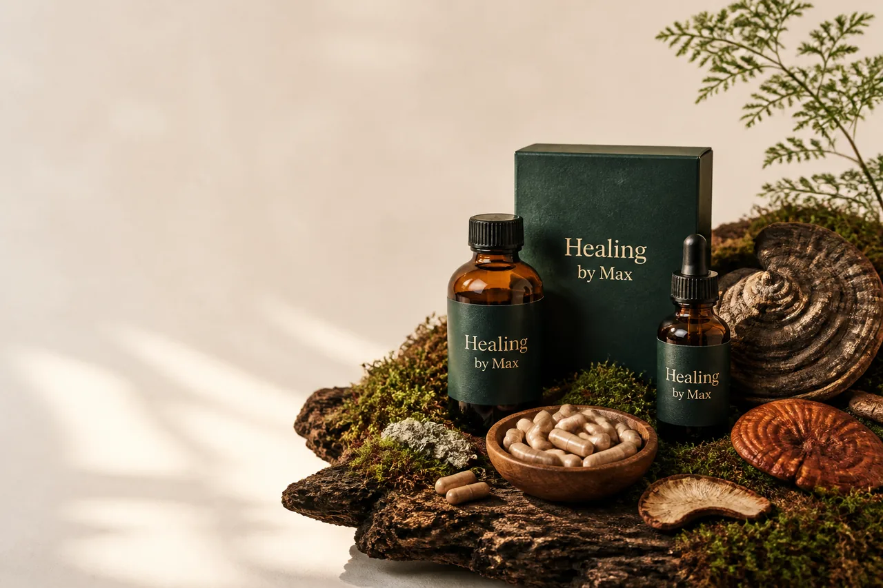 Флаконы, капсулы и упаковка Healing by Max на натуральном фоне